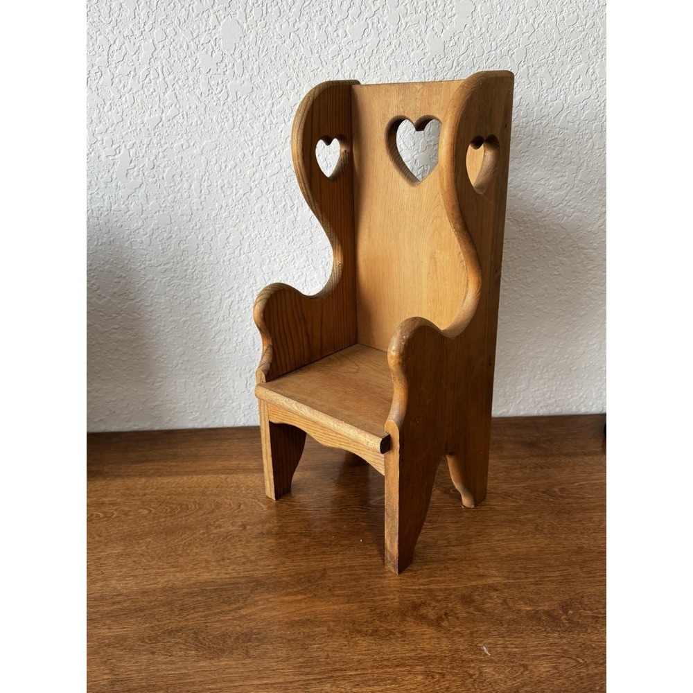 Vtg handcrafted Doll Bear Chair Wood High Back Heart Cutouts Cottage Core
